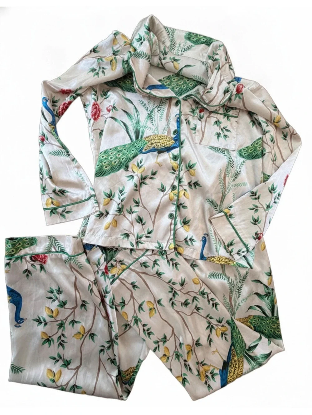 Two Piece Pajama Set Peacock Floral Lemon Print Satin Feel Elevated Sleepwear M